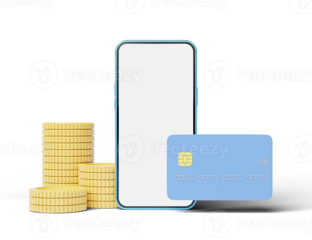 telefon med kreditera kort, mynt flytande på transparent. mobil bank och uppkopplad betalning service. sparande pengar rikedom och företag finansiell begrepp. smartphone pengar överföra uppkopplad. 3d framställa. png