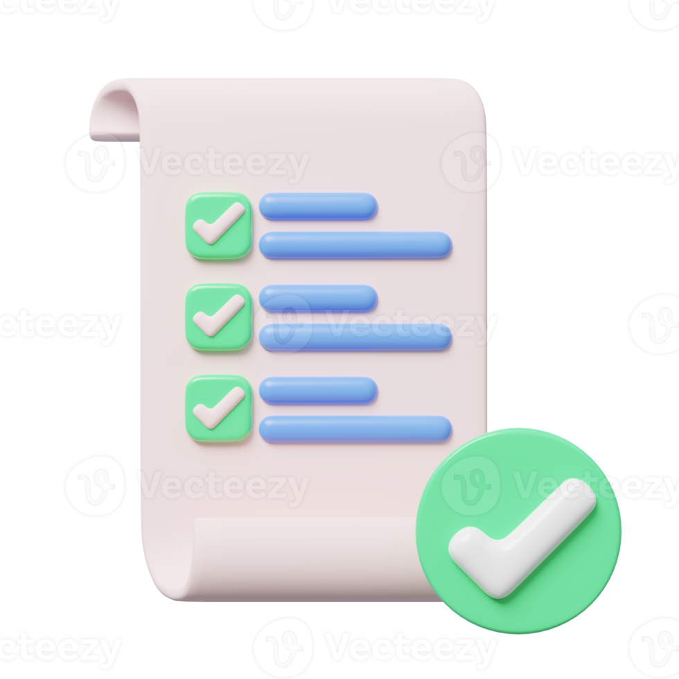 3d paper sheets with check marks on transparent. Confirmed or approved document icon. Beige clipboard with checklist symbol. Assignment done. Business cartoon style. 3d icon render illustration. png