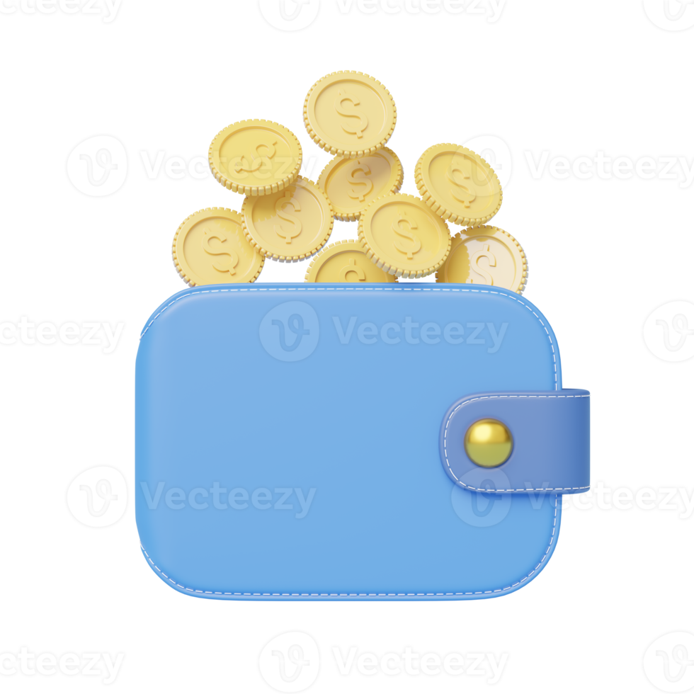 Gold coin falling into wallet floating on transparent. mobile banking and Online payment service. Save dollar coin in Pig money box. Saving money wealth and business financial concept. 3d render. png