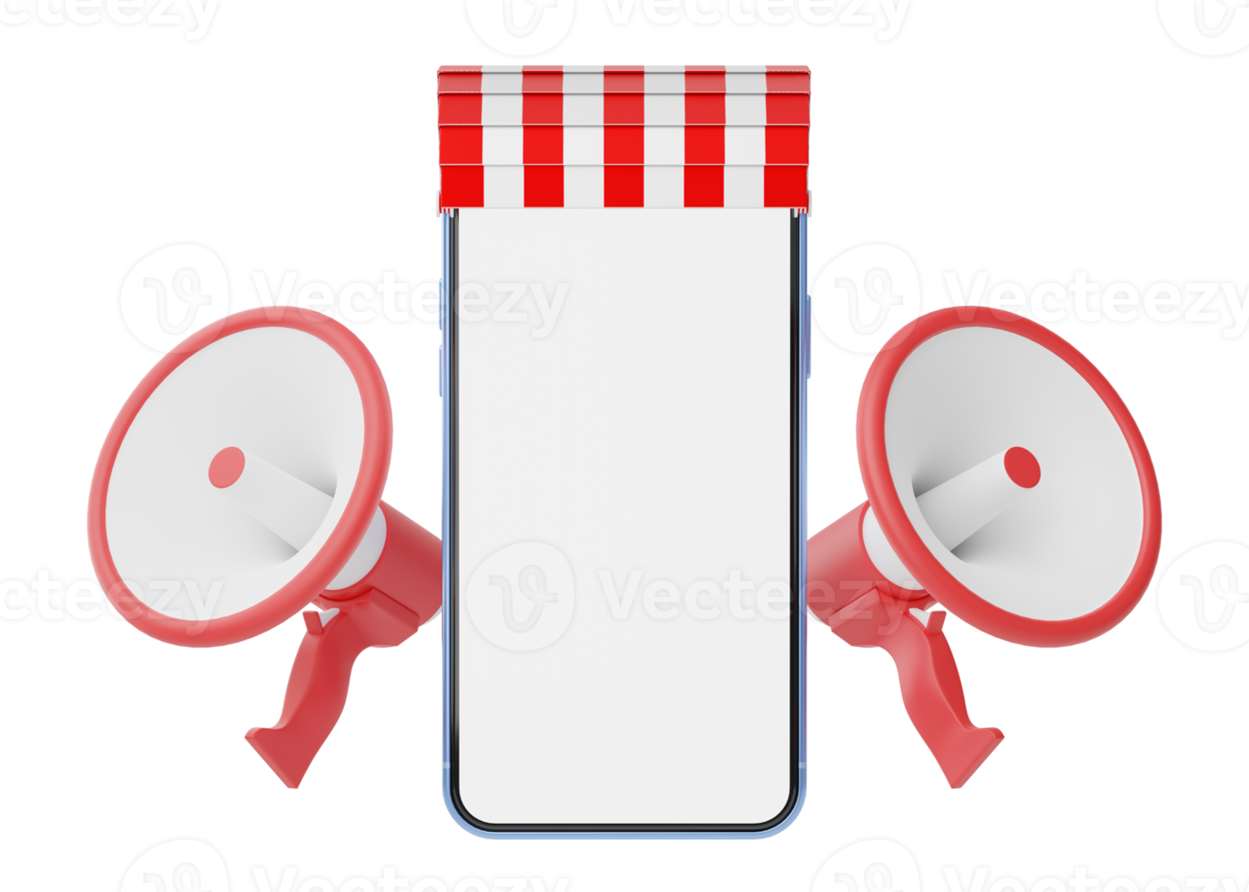 White and red megaphone, phone with awning floating on transparent. Digital market online, e commerce concept. Sale promotion banner. smartphone with store front. 3d rendering. png