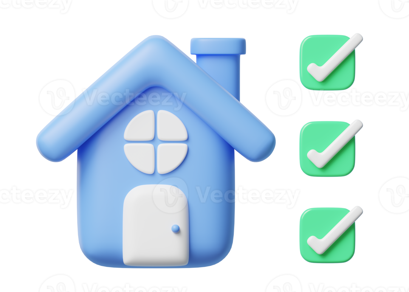 3d blue house with windows, door icon. home model, check box floating on transparent. Business about investment, real estate, mortgage. Mockup cartoon icon minimal style. 3d render illustration. png