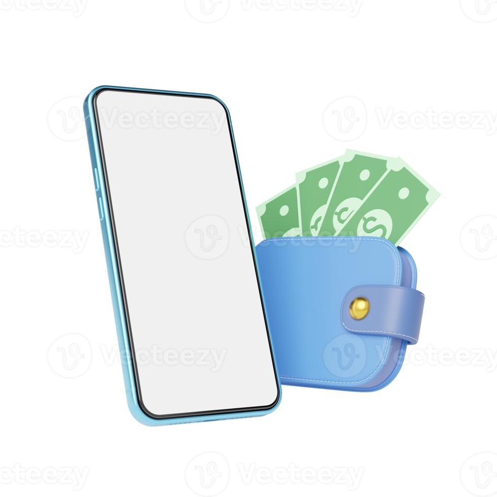 Phone with cash money into wallet float on transparent. Mobile banking and Online payment service. Saving money wealth and business financial concept. Smartphone money transfer online. 3d render. png