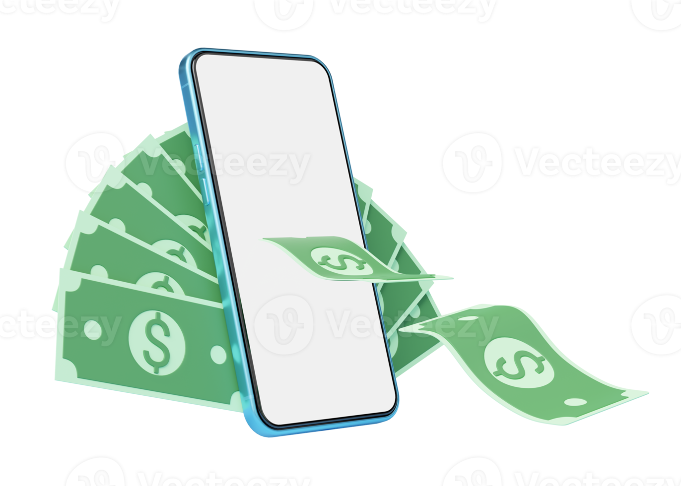 Cash money flew out of phone floating on transparent. Mobile banking and Online payment service. Saving money wealth and business financial concept. Smartphone money transfer online. 3d render. png