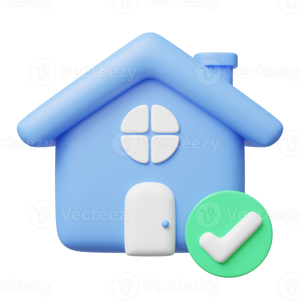 3d blue house with windows, door icon. home model, check marks floating on transparent. Business investment. Home Inspection concept. Mockup cartoon icon minimal style. 3d render illustration. png