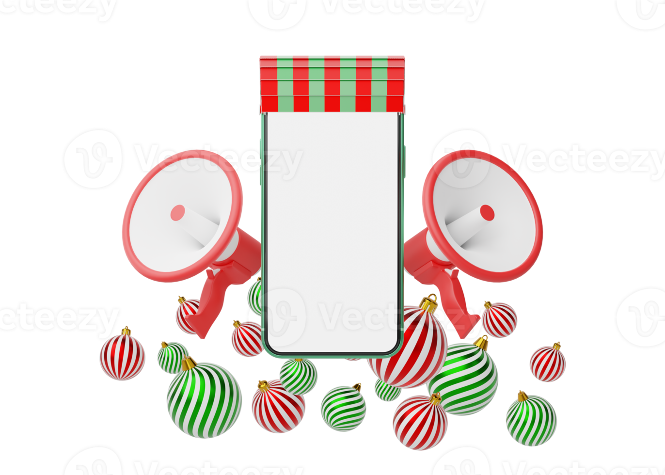 White and red megaphone, phone with awning floating on transparent. Digital market online, e commerce concept. Promotion banner for Merry Christmas. smartphone with store front. 3d rendering. png