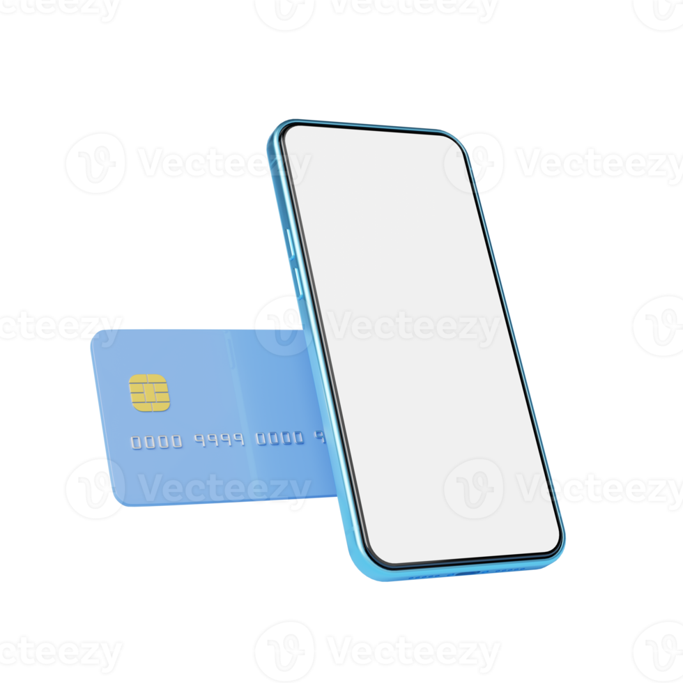 Phone with credit card floating on transparent. Mobile banking and Online payment service. Saving money wealth and business financial concept. Smartphone money transfer online. 3d render. png