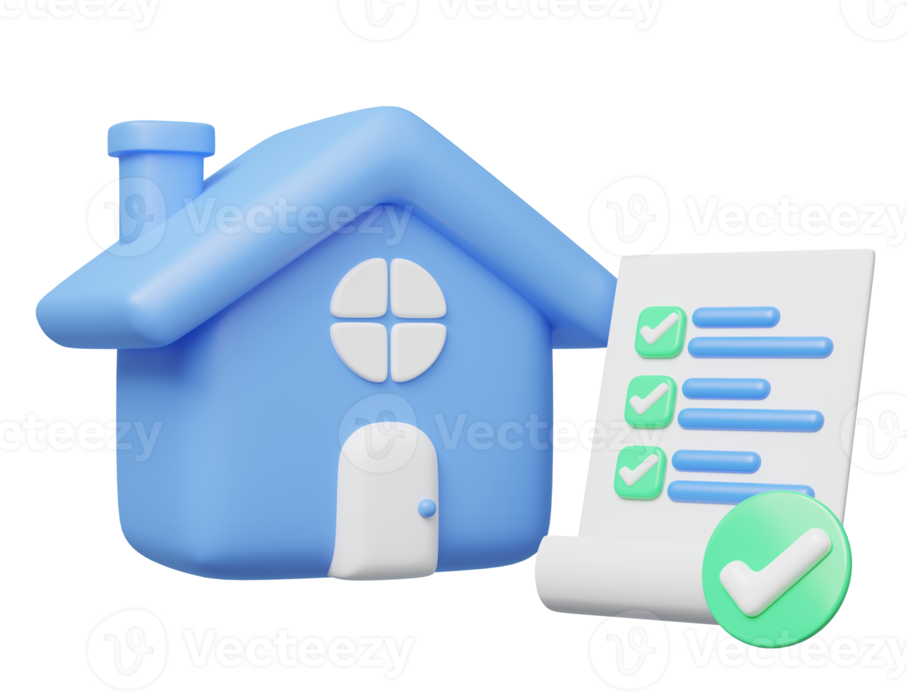 Casa azul 3d, hojas de papel, icono de marcas de verificación. modelo de casa, lista de verificación flotando en transparente. documento aprobado. concepto de inspección del hogar. icono de dibujos animados de maqueta estilo minimalista. Ilustración de procesamiento 3d. png