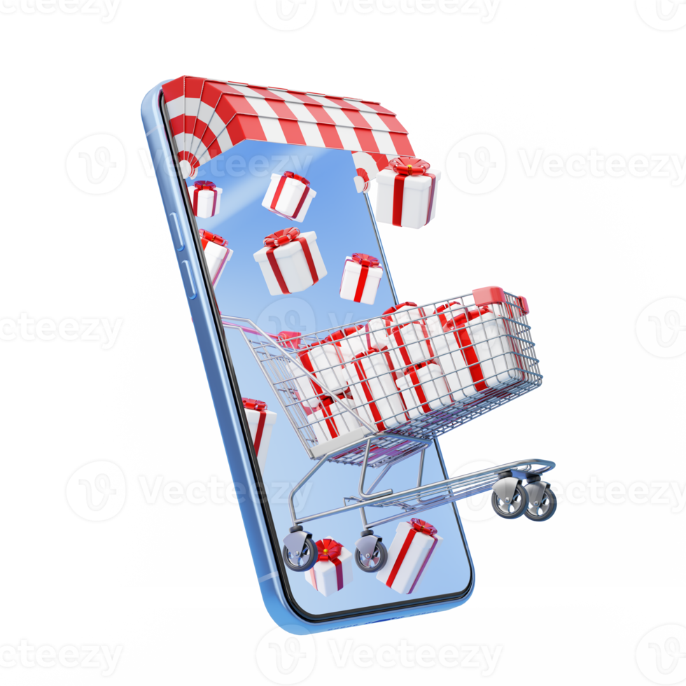 Shopping cart, gift box flew out of phone with awning floating on transparent. Digital market online, e commerce concept. Sale promotion banner. smartphone with store front. 3d rendering. png