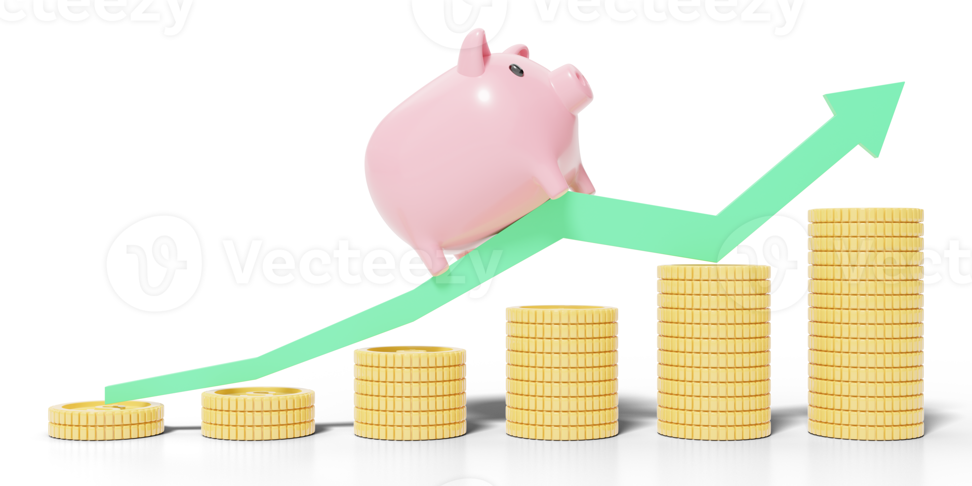 Gold coins stack with pink piggy bank running on green arrow up on transparent. Online banking and payment service. Steps to success. Saving money wealth and business financial concept. 3d render png