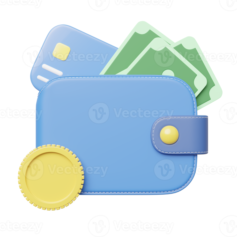 3d render cash money, credit card into wallet, coin float on transparent. Mobile banking, Online payment service. Saving money and business. Bonus cash back and refund cartoon style. Cashback icon png