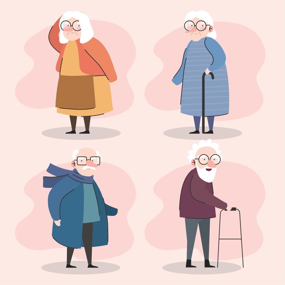 grupo de cuatro abuelos usando bastones y personajes andadores vector