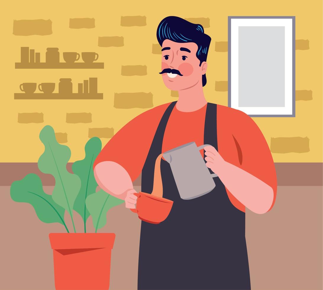 coffee shop barista with houseplant vector