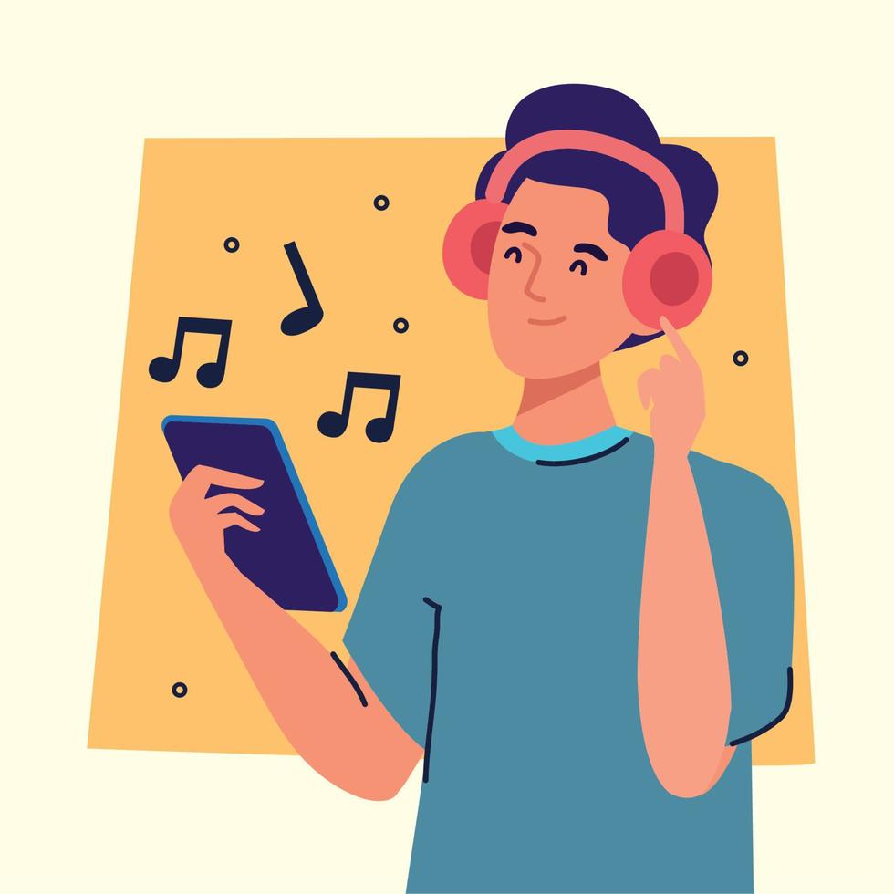 man with smartphone listening music vector