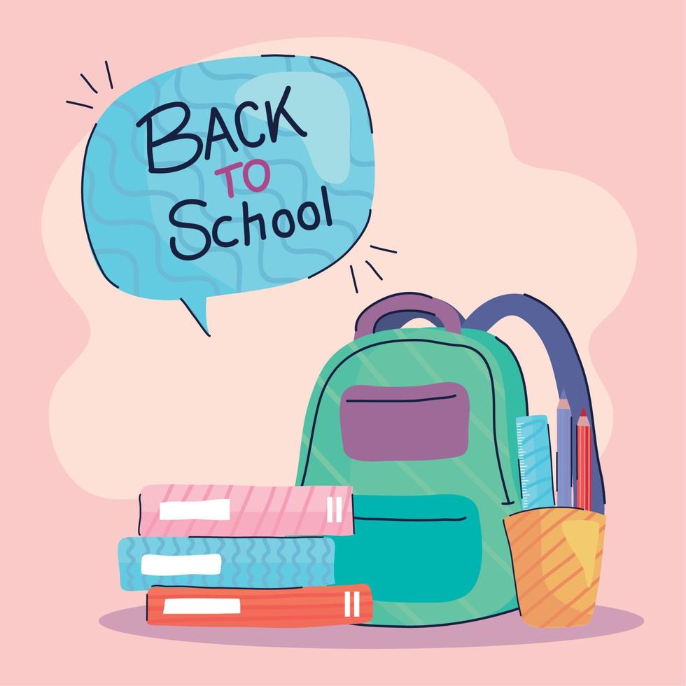 back to school lettering in speech bubble with schoolbag and books vector