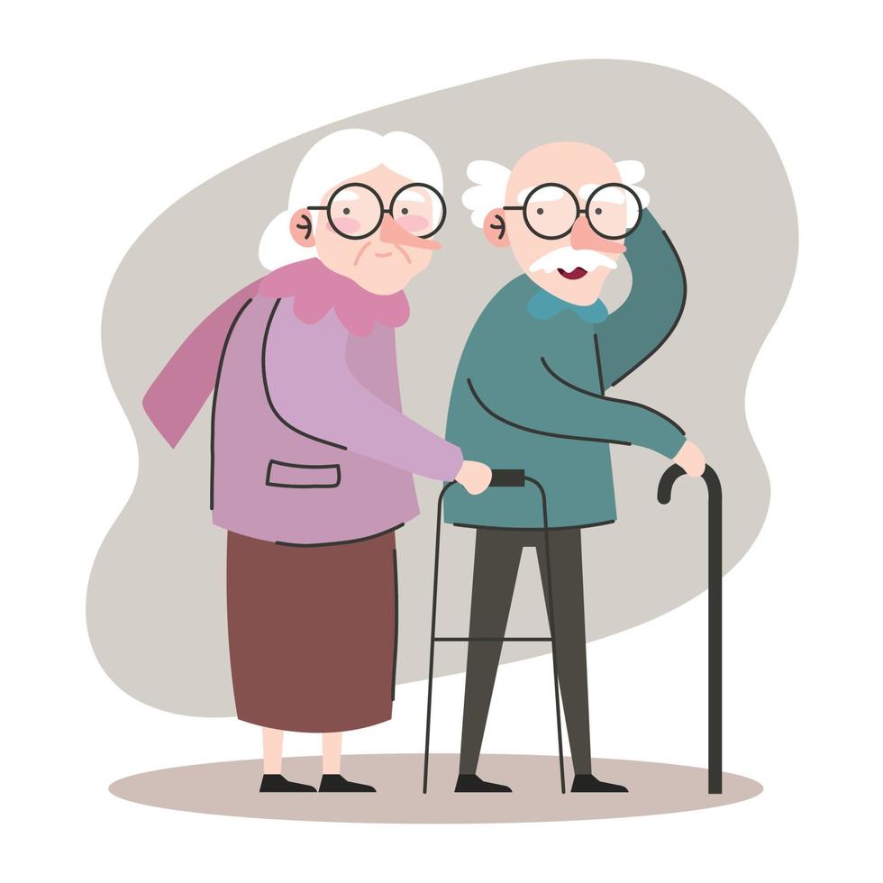 cute grandparents couple using cane and walker characters vector