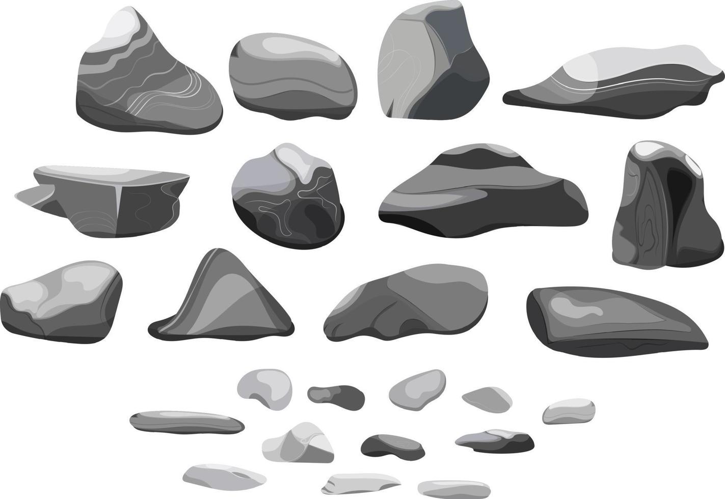 colección de piedras y plantas de diversas formas. guijarros costeros, adoquines, grava, minerales y formaciones geológicas. fragmentos de roca, cantos rodados y material de construcción. vector