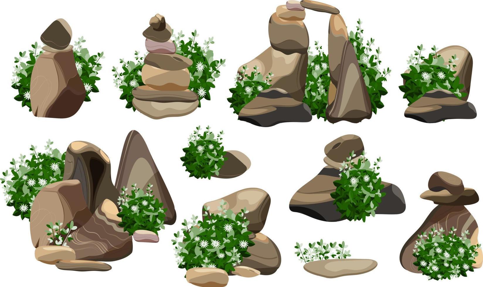 colección de piedras y plantas de diversas formas. guijarros costeros, adoquines, grava, minerales y formaciones geológicas. fragmentos de roca, cantos rodados y material de construcción. vector