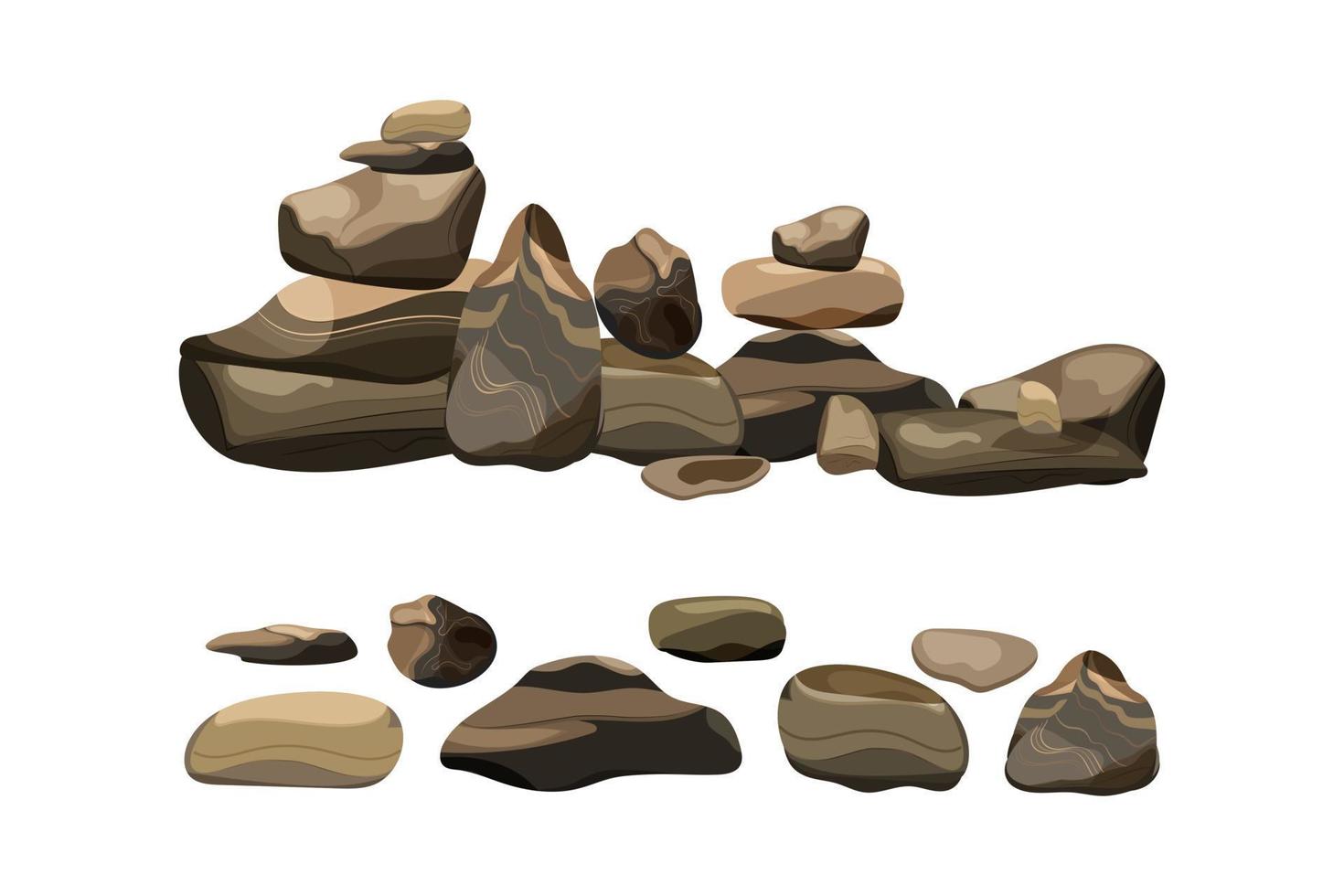 Collection of stones and plants of various shapes.Coastal pebbles,cobblestones,gravel,minerals and geological formations.Rock fragments,boulders and building material. vector