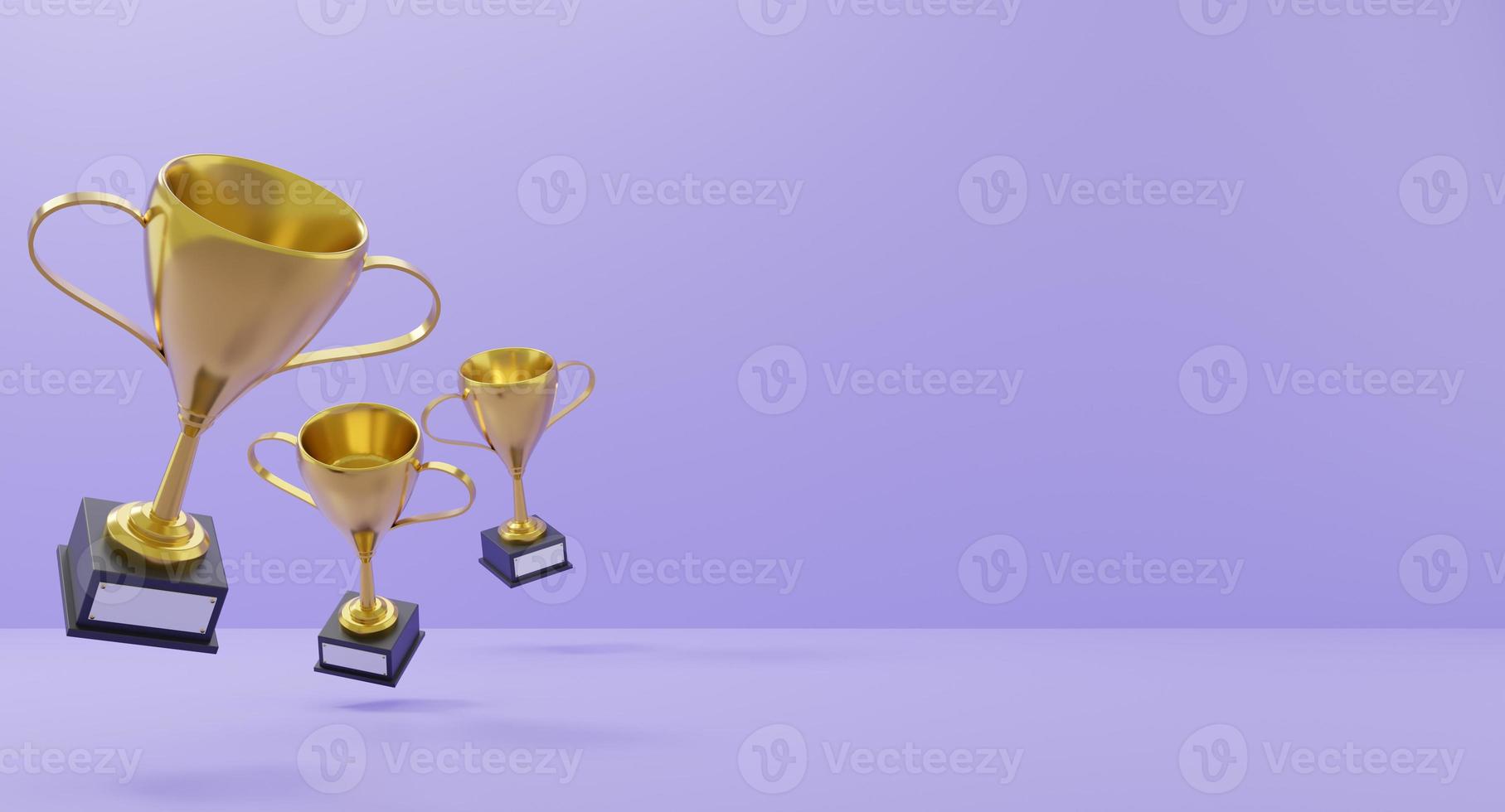 Winners gold cups on purple background. Trophies with stand. 3d rendering. photo