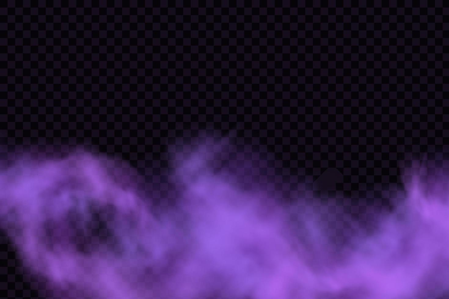 niebla mística aterradora realista en la noche de halloween. gas venenoso púrpura, efecto de polvo y humo. vector