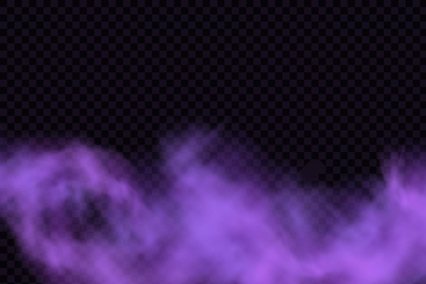 Realistic scary mystical fog in night Halloween. Purple poisonous gas, dust and smoke effect. vector