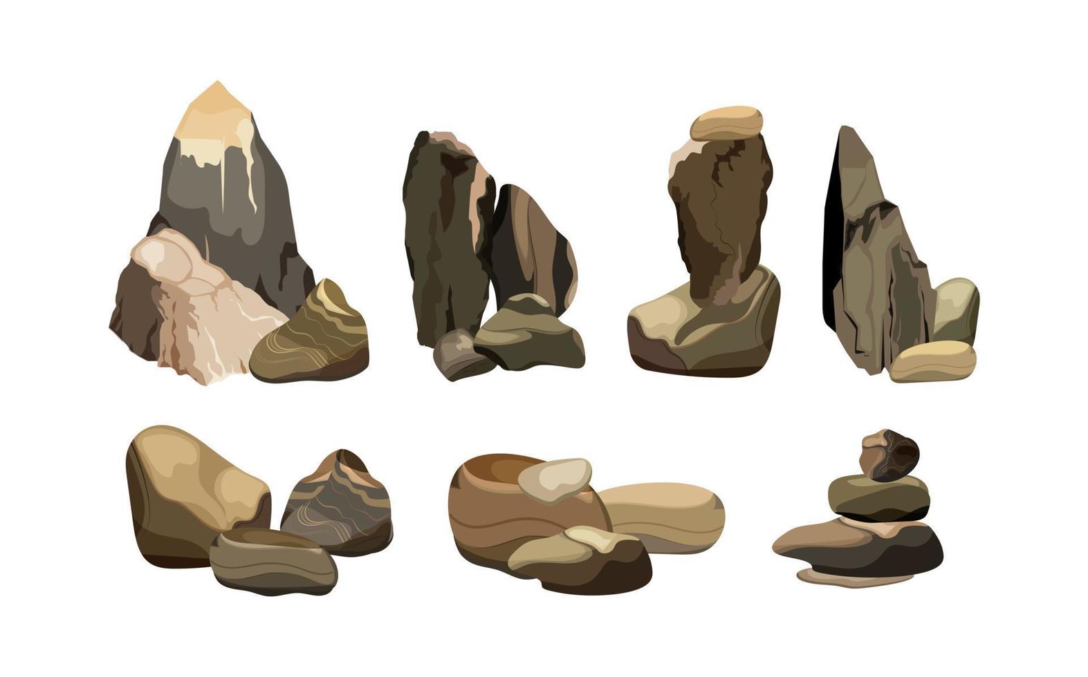 Collection of stones and plants of various shapes.Coastal pebbles,cobblestones,gravel,minerals and geological formations.Rock fragments,boulders and building material. vector