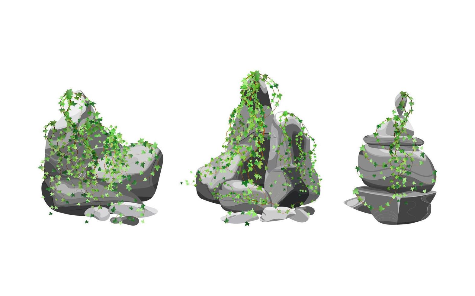 colección de piedras y plantas de diversas formas. guijarros costeros, adoquines, grava, minerales y formaciones geológicas. fragmentos de roca, cantos rodados y material de construcción. vector