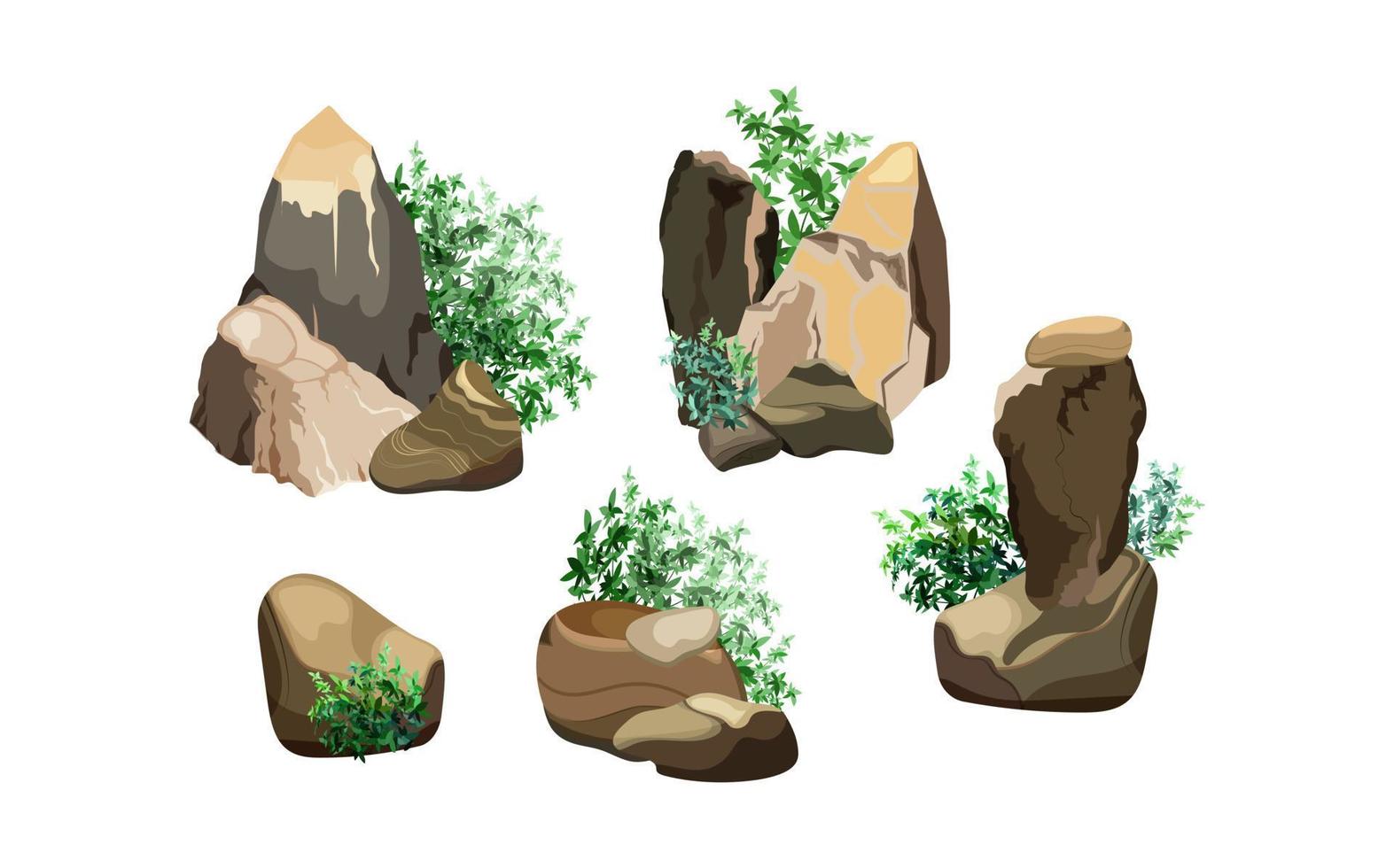 Collection of stones and plants of various shapes.Coastal pebbles,cobblestones,gravel,minerals and geological formations.Rock fragments,boulders and building material. vector