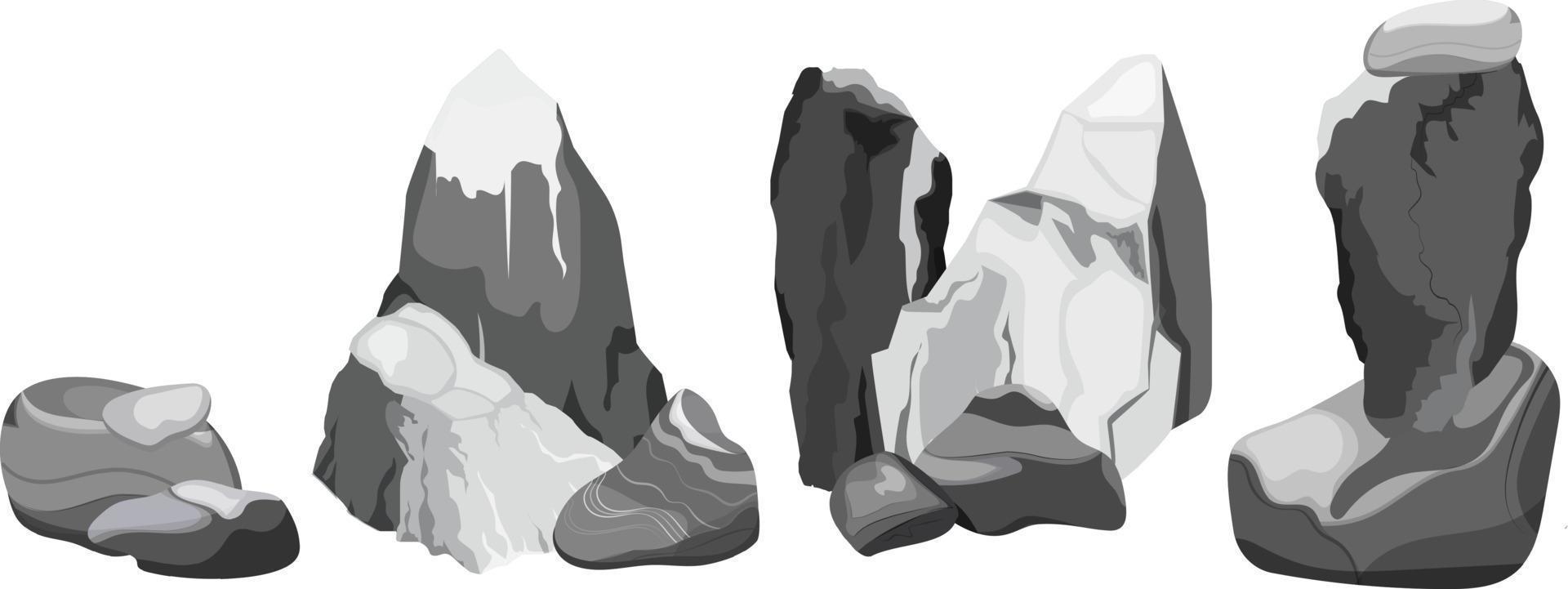 colección de piedras y plantas de diversas formas. guijarros costeros, adoquines, grava, minerales y formaciones geológicas. fragmentos de roca, cantos rodados y material de construcción. vector