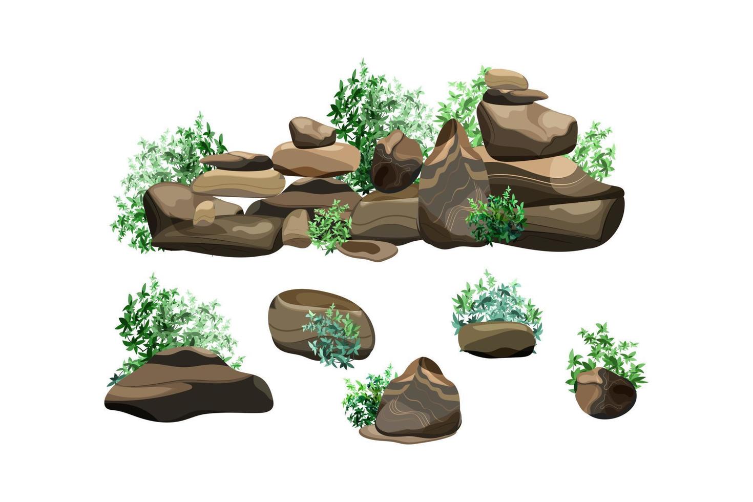 colección de piedras y plantas de diversas formas. guijarros costeros, adoquines, grava, minerales y formaciones geológicas. fragmentos de roca, cantos rodados y material de construcción. vector