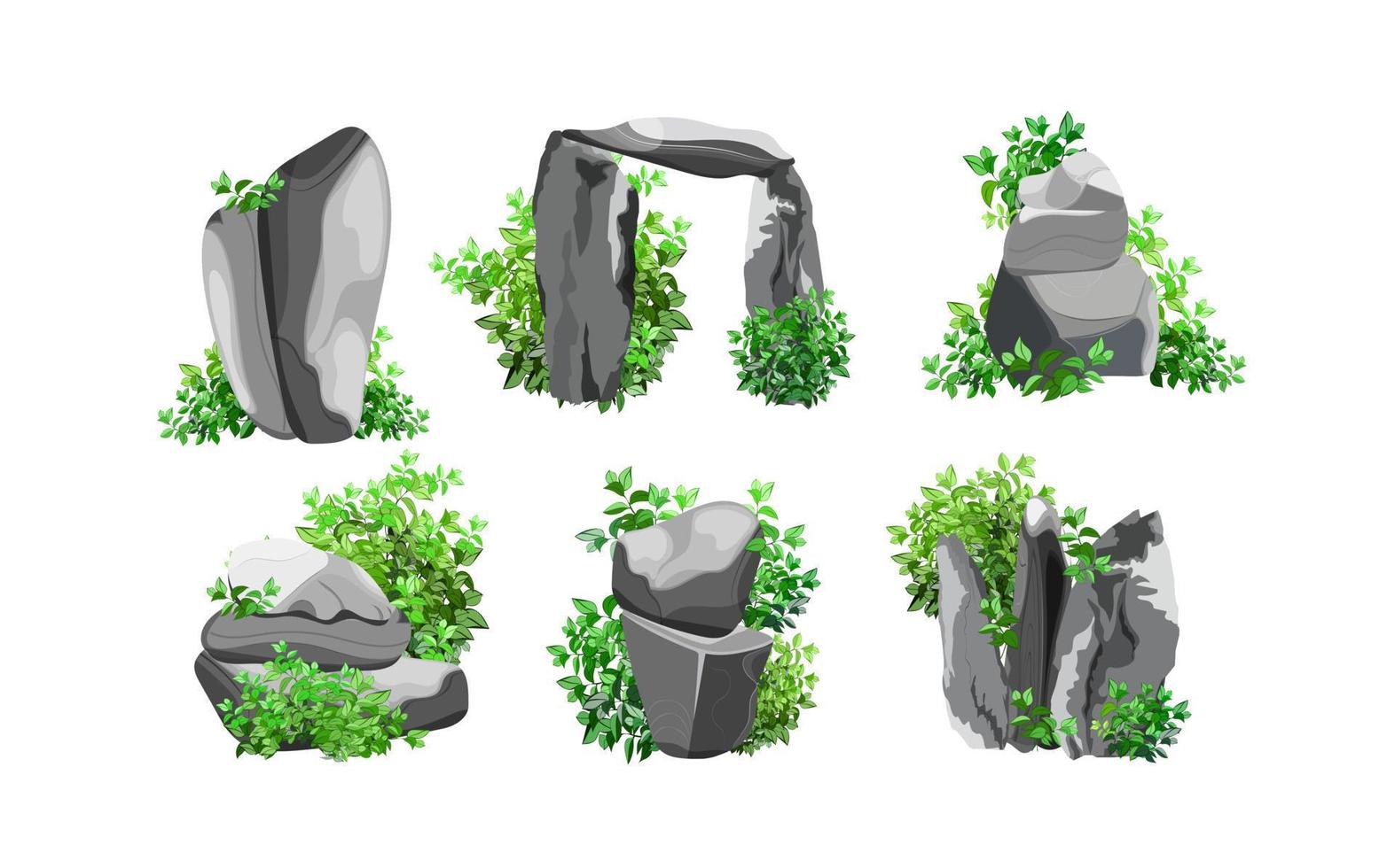 colección de piedras y plantas de diversas formas. guijarros costeros, adoquines, grava, minerales y formaciones geológicas. fragmentos de roca, cantos rodados y material de construcción. vector