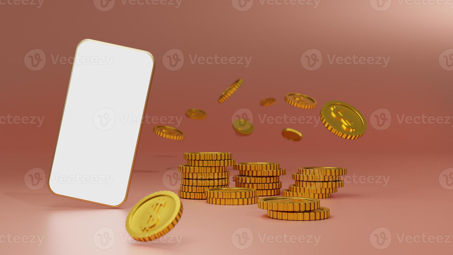Stack of golden coins with white screen mobile mockup over pink background. 3D rendering. photo