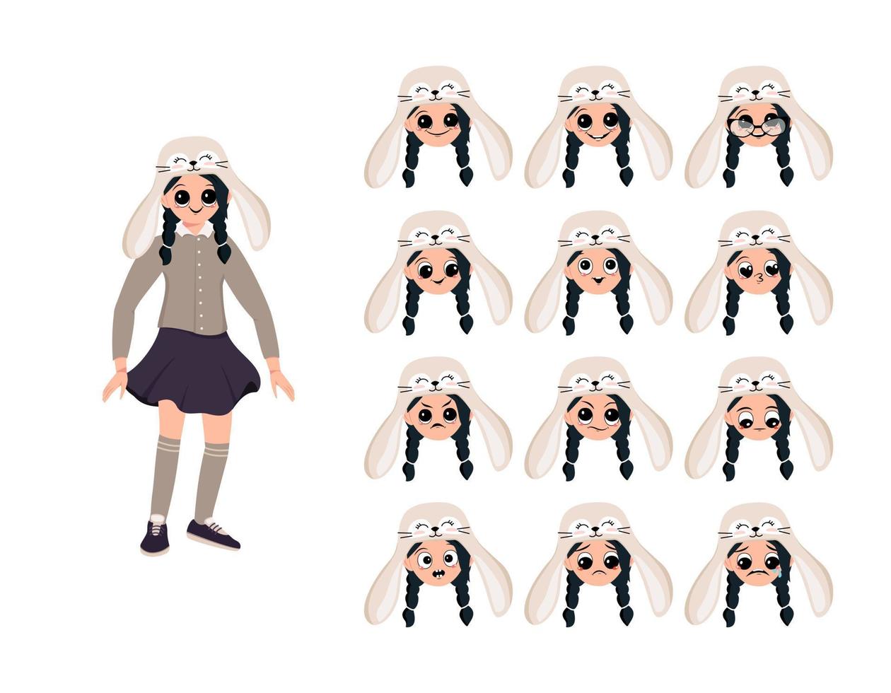 Girl in rabbit hat and designer of heads with emotions for children carnival. Baby in animal costumes for New Year, Christmas or holiday with happy, sad or angry expression. Vector flat illustration