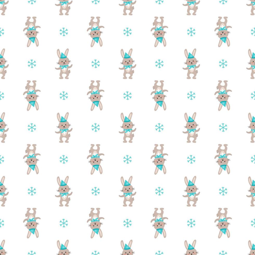 Seamless pattern with cute rabbit or hare in hat with snowflakes. Festive print with funny smile animals for New Year and Christmas. Vector flat illustration