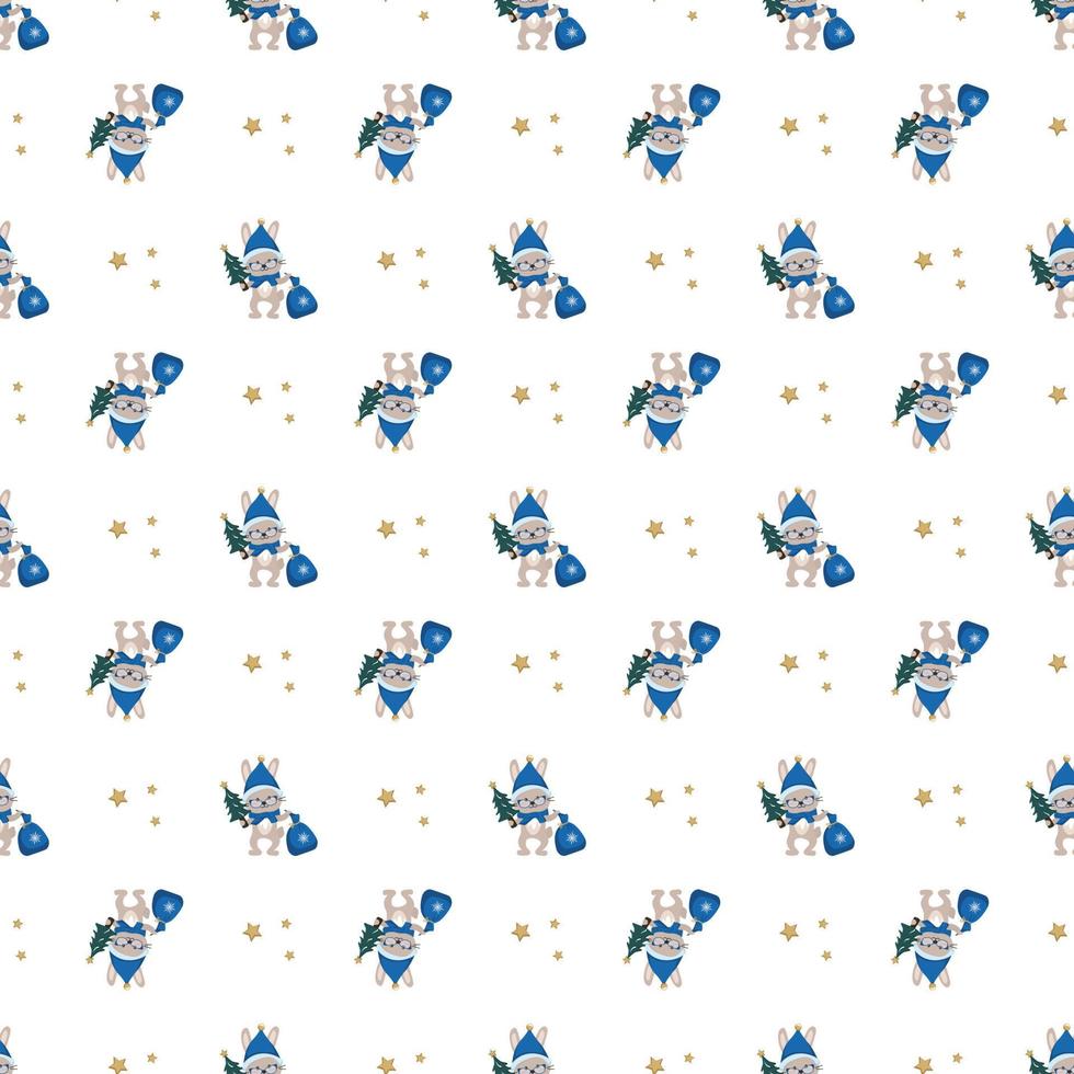 patrones sin fisuras con lindo conejo o liebre en sombrero de santa con bolsa de regalos y estrellas. impresión festiva de animales divertidos para año nuevo y navidad. ilustración plana vectorial vector