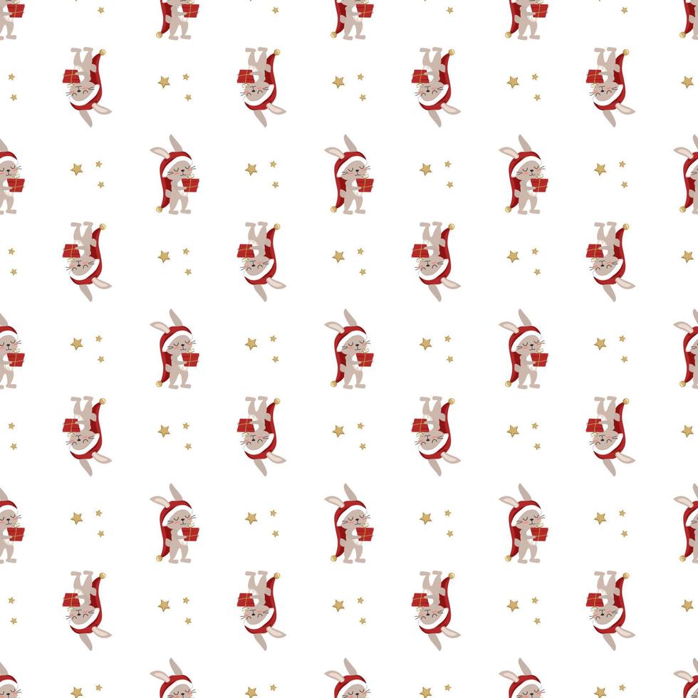 patrón sin costuras con lindo conejo o liebre en sombrero de santa con caja de regalo y estrellas. impresión festiva de animales divertidos para año nuevo y navidad. ilustración plana vectorial vector