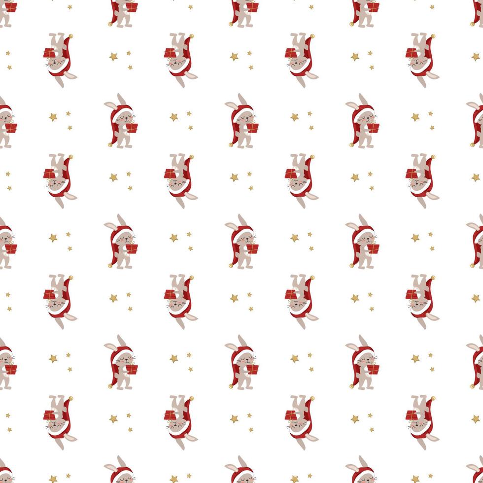 Seamless pattern with cute rabbit or hare in Santa hat with gift box and stars. Festive print of funny animals for New Year and Christmas. Vector flat illustration