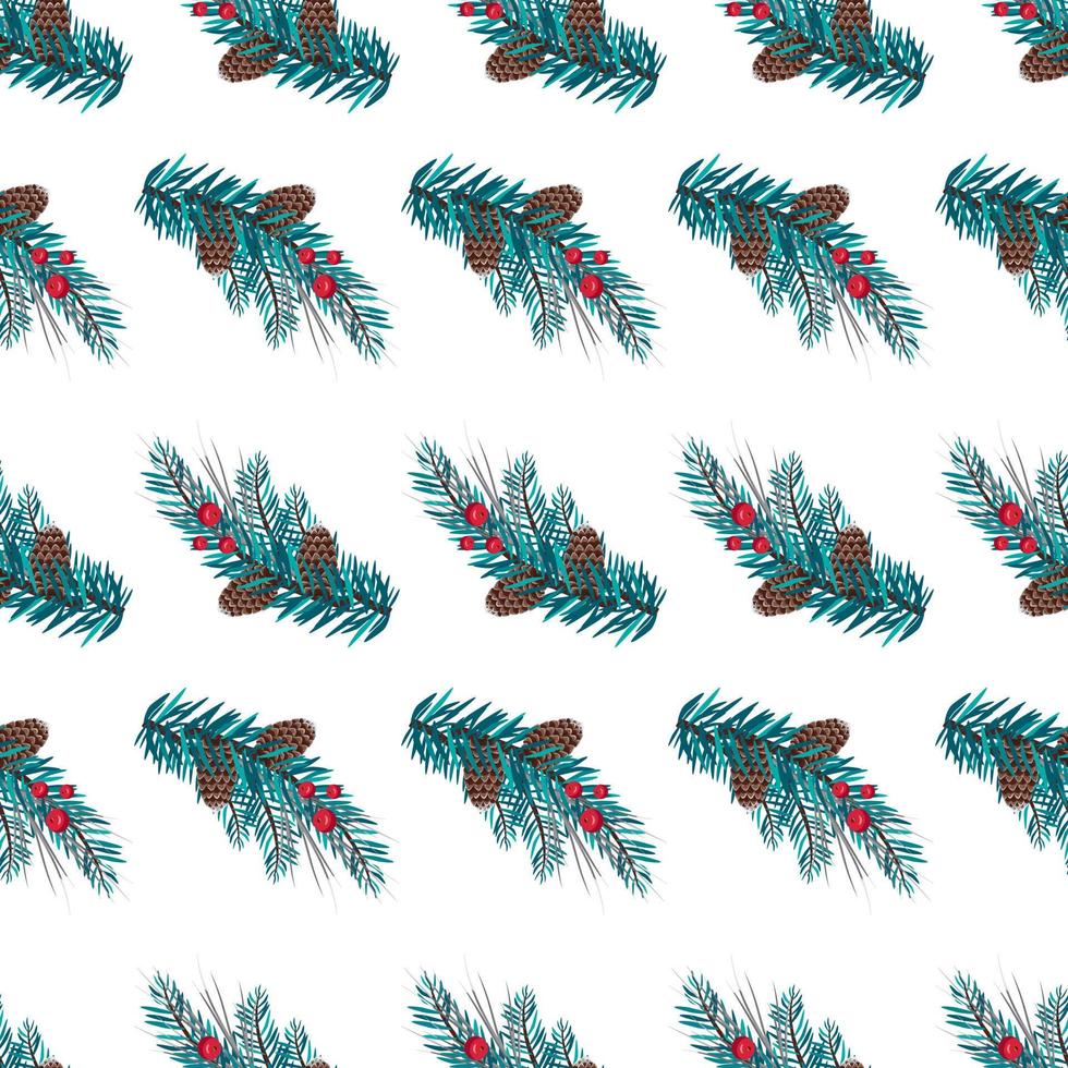 Christmas seamless pattern with fir branches with blue needles, red berries and cones for postcards and design. Festive decoration print for New Year and winter holidays vector