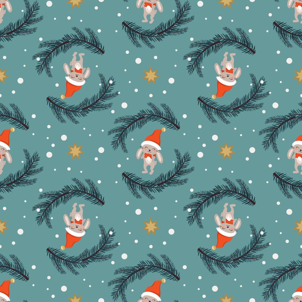 Seamless Christmas pattern with rabbit or bunny, fir trees, stars and snowflakes on blue background. Bright print for New Year and holiday, wrapping paper, textiles and design. Vector illustration