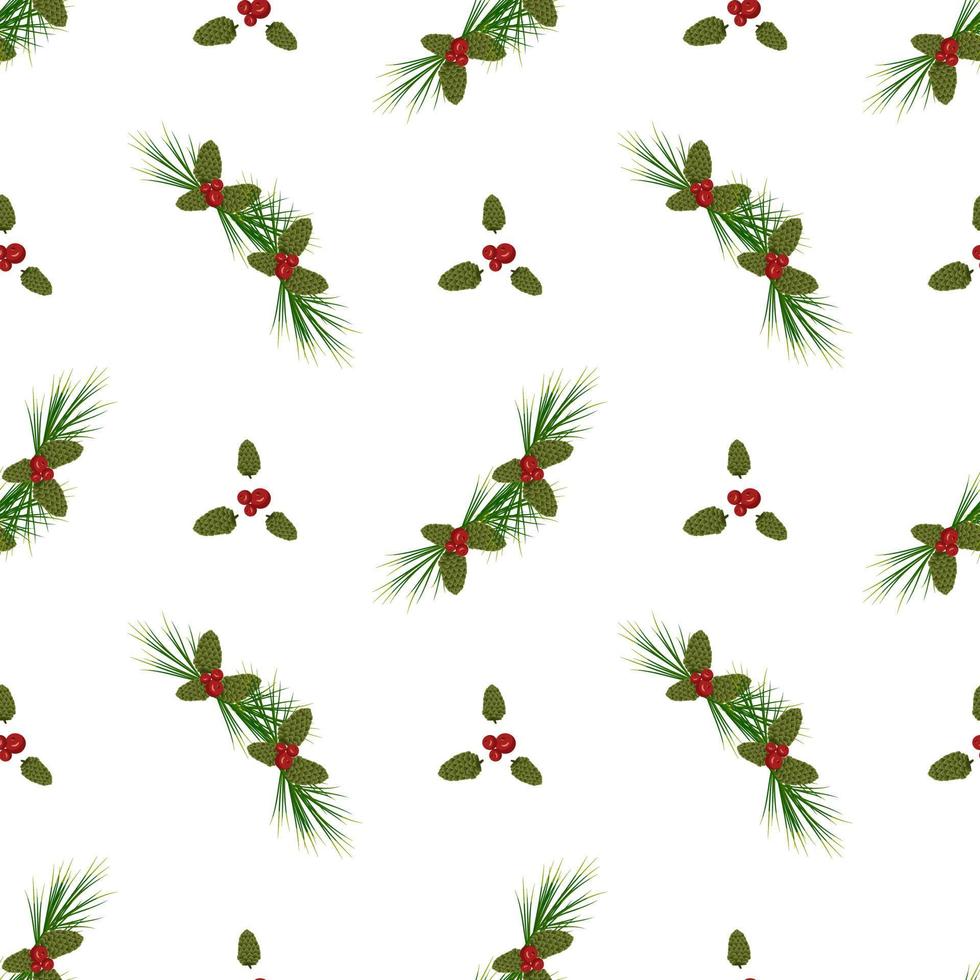 Christmas seamless pattern with fir and pine branches, long coniferous needles and cones with red berries for postcards and design. Festive decoration print for New Year and winter holidays vector