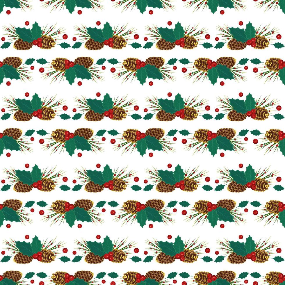 Christmas seamless pattern with fir tree branches with golden cones, holly leaves and berries, pine needles for postcards and design. Festive decoration print for New Year and winter holidays vector