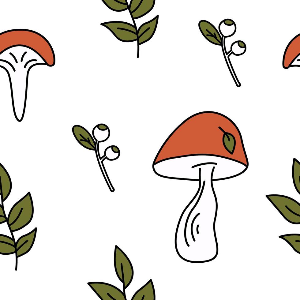 Cute autumn mushroom leaf pattern. Doodle colorful mushrooms, berries and leaves autumn background. Endless, seamless pattern. Hand drawn cozy vector illustration.