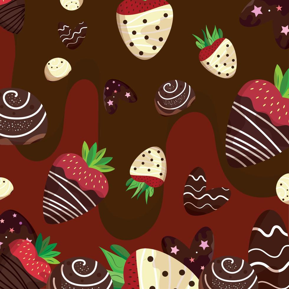 Fondo de patrón transparente de color con fresas con ilustración de vector de chocolate