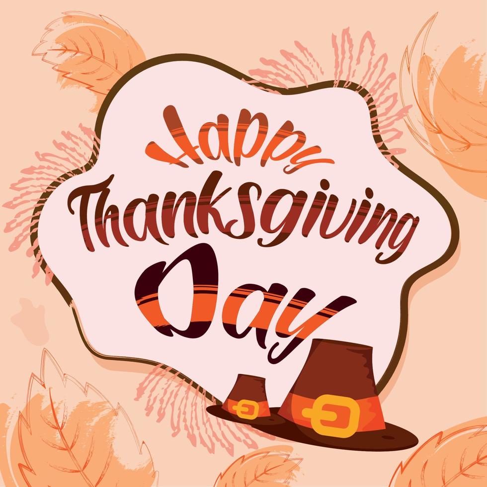 Colored happy thanksgiving day with pilgrim hats and text Vector illustration
