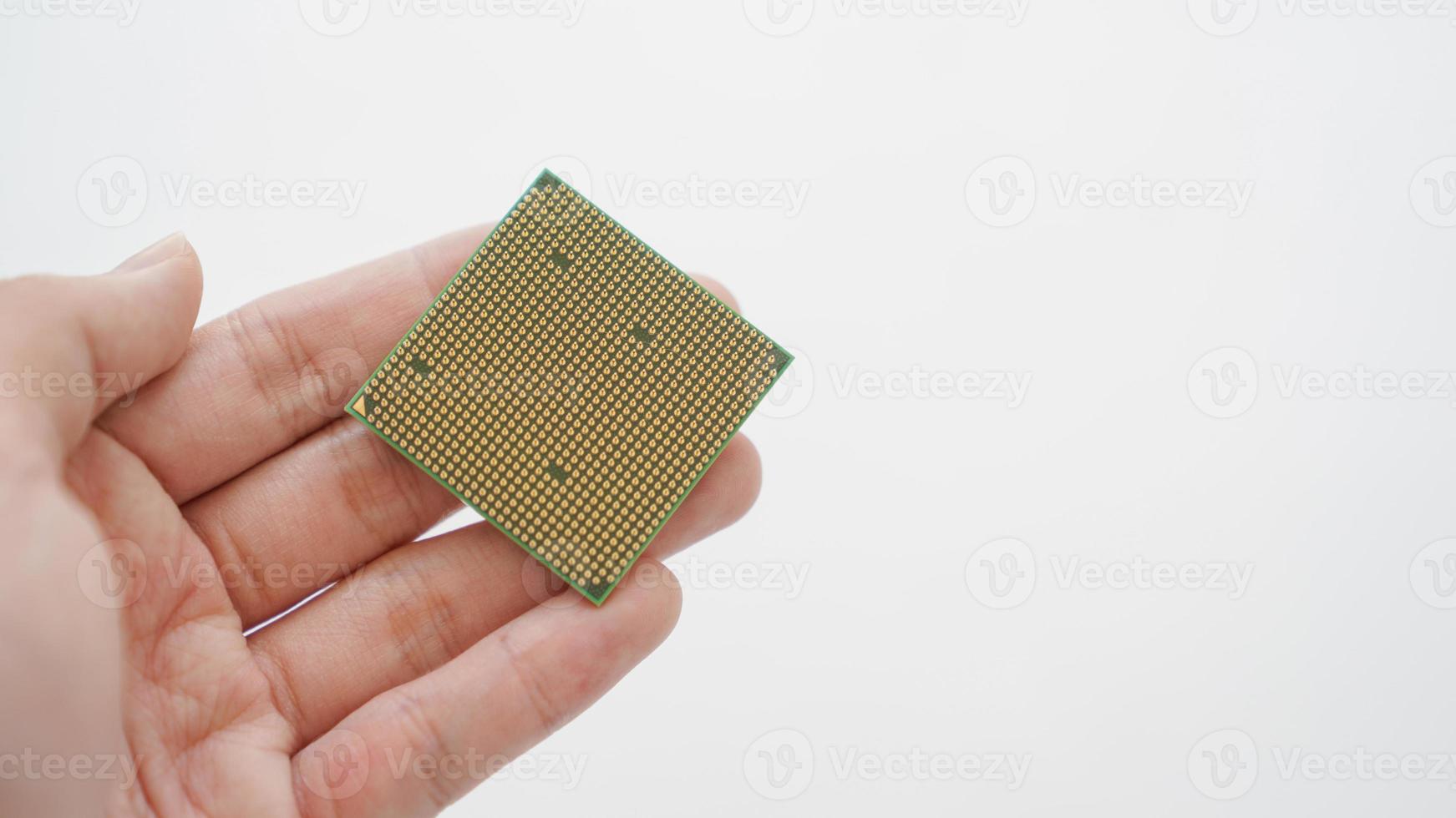 Hand holding gold computer processor on white background. photo
