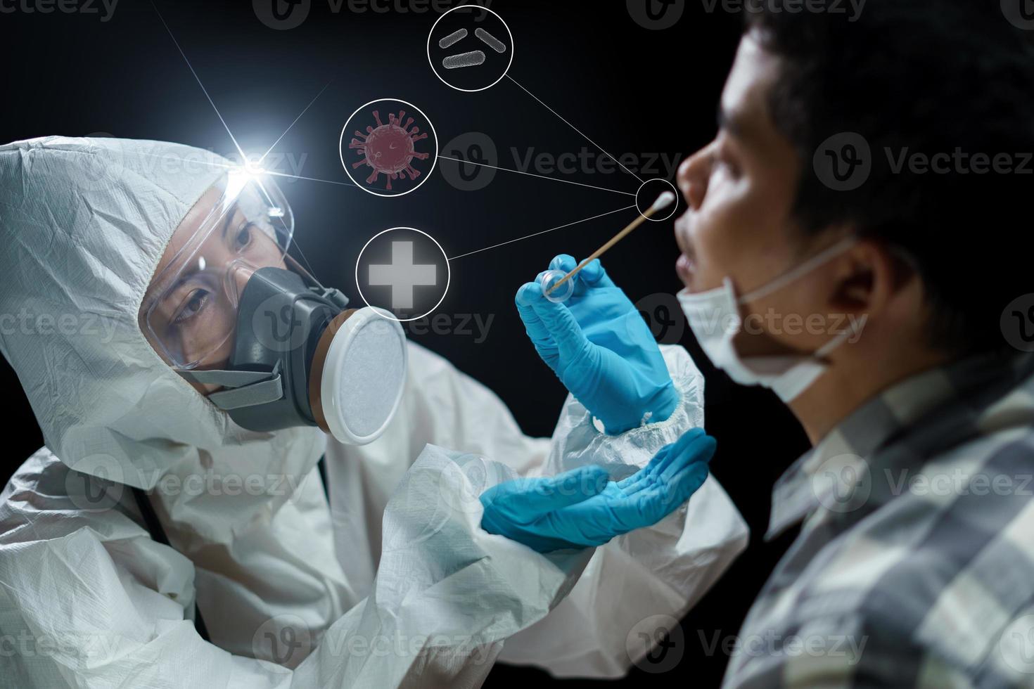 Woman doctor wearing hazmat suits  taking a nasal swab to test for possible coronavirus infection. photo