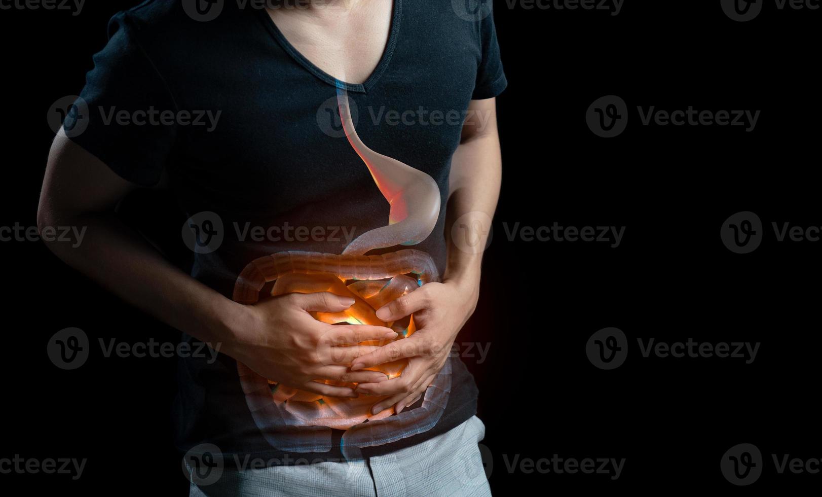 Man abdominal pain, photo of large intestine on body, stomachache diarrhea symptom, menstrual period cramp or food poisoning. Health care concept.