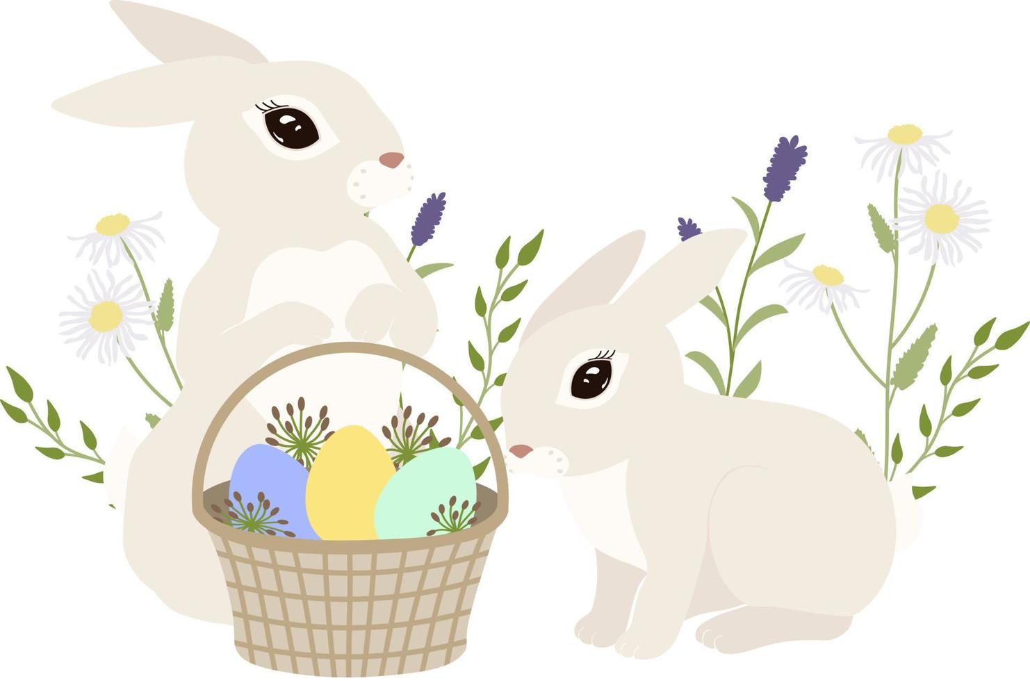 imágenes prediseñadas de Pascua, dibujo vectorial. lindos conejos de pascua, canasta, huevos de pascua, flores y hierbas vector