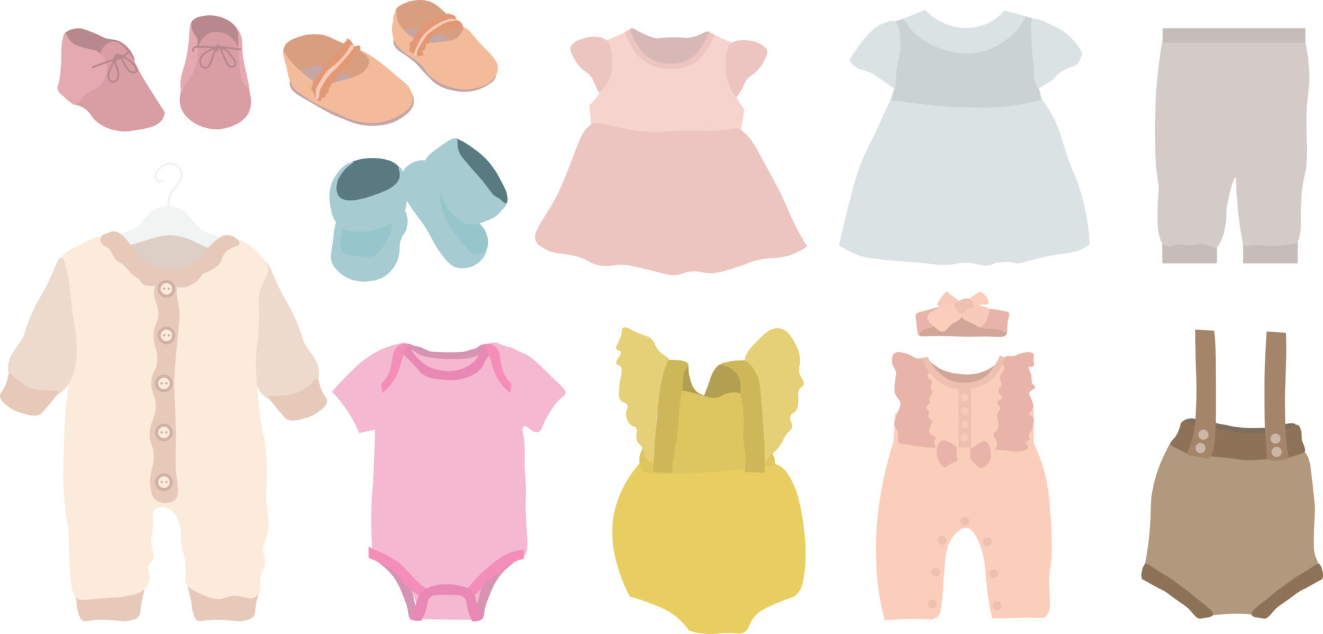 Newborn baby boy and girl clothes cartoon illustration set. cute colorful  pants, bodysuit, dresses, jumpsuit, suits, for kids, isolated on white  background. 12489430 Vector Art at Vecteezy