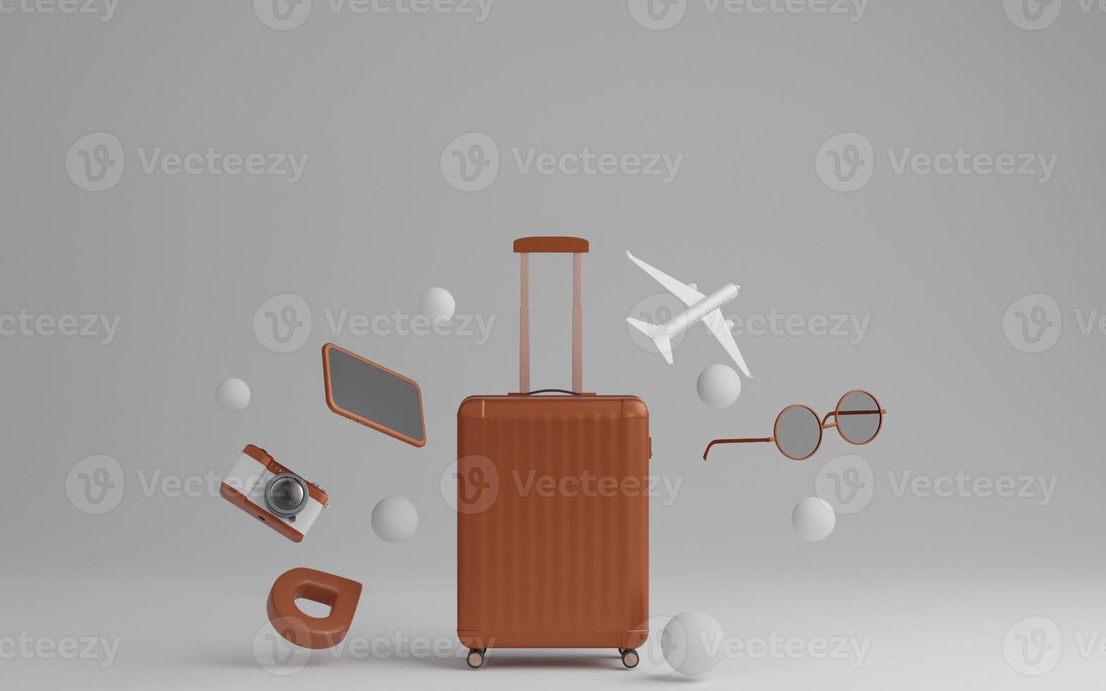 equipaje con avión, gafas de sol y cámara sobre el concepto de viaje de fondo gris. representación 3d foto